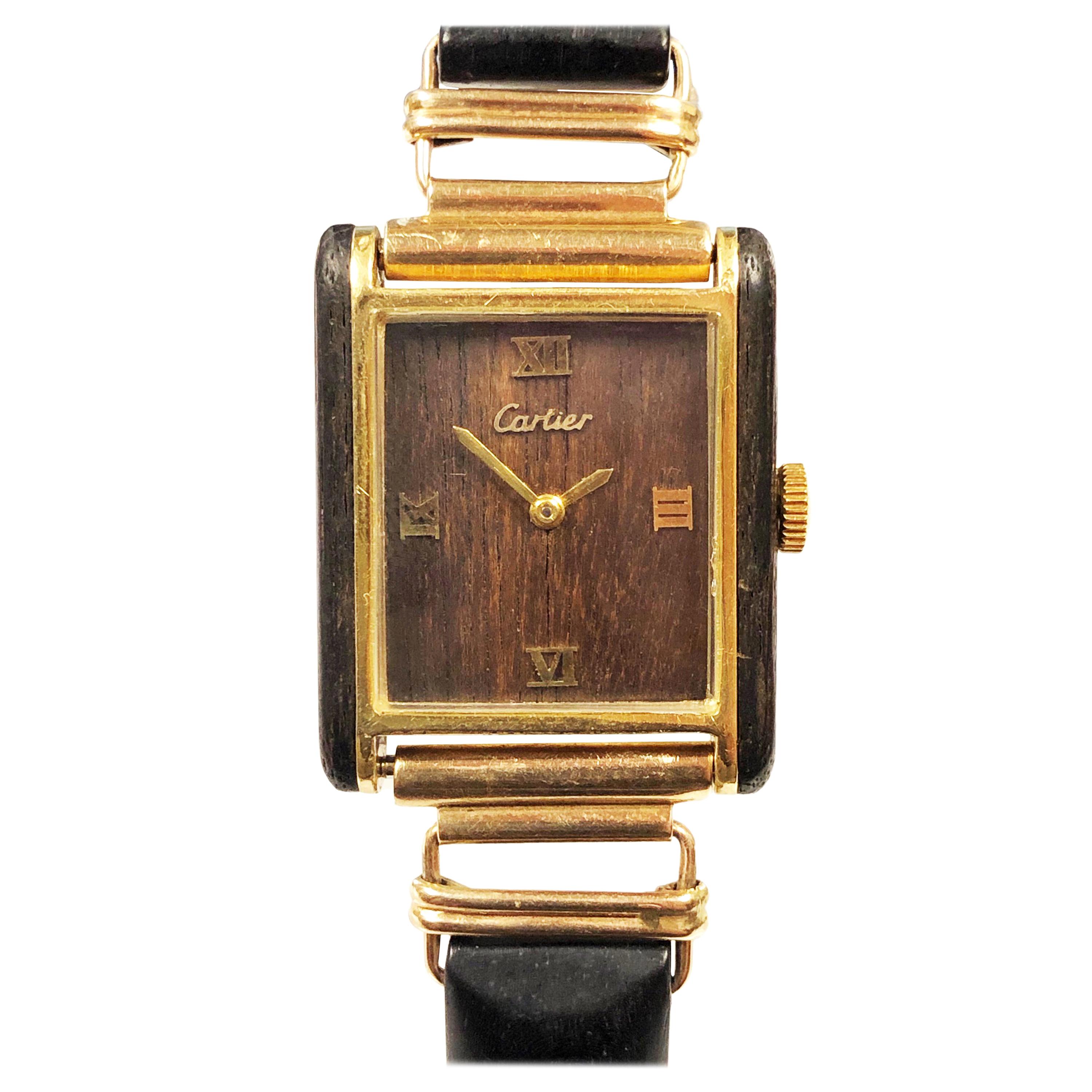 Cartier 1970 Wood Case and Dial Wrist Watch on a Solid Gold and Wood Bracelet
