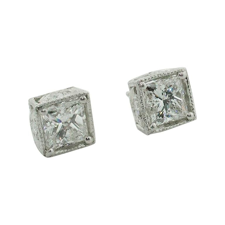 Large Princess Cut Diamond Stud Earrings in Platinum 5.10 Carat H-I SI1 GIA