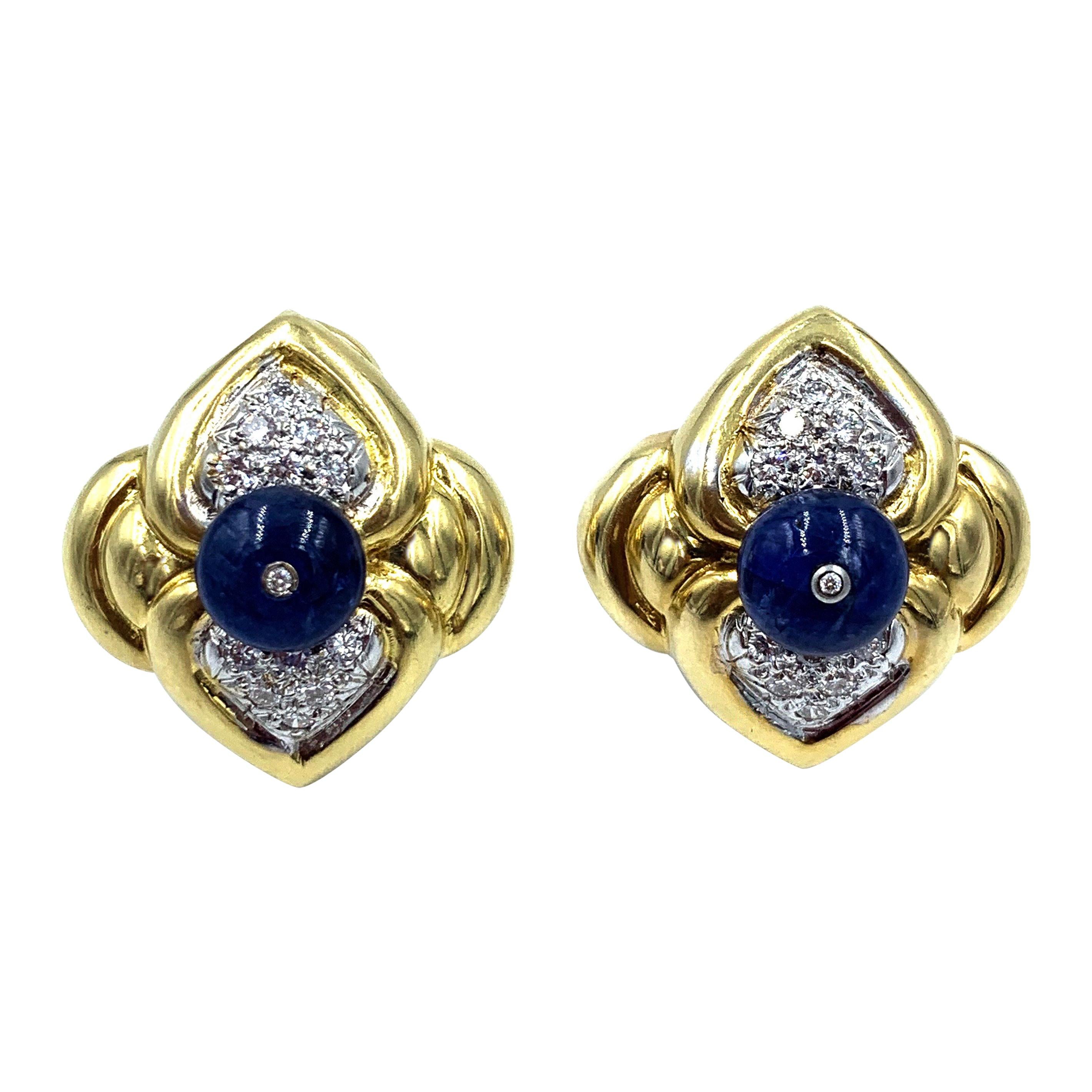 18 Karat Gelbgold Cabochon Saphir und Diamant-Ohrclips