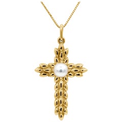 Tiffany & Co. Pearl Yellow Gold Cross Pendant Necklace