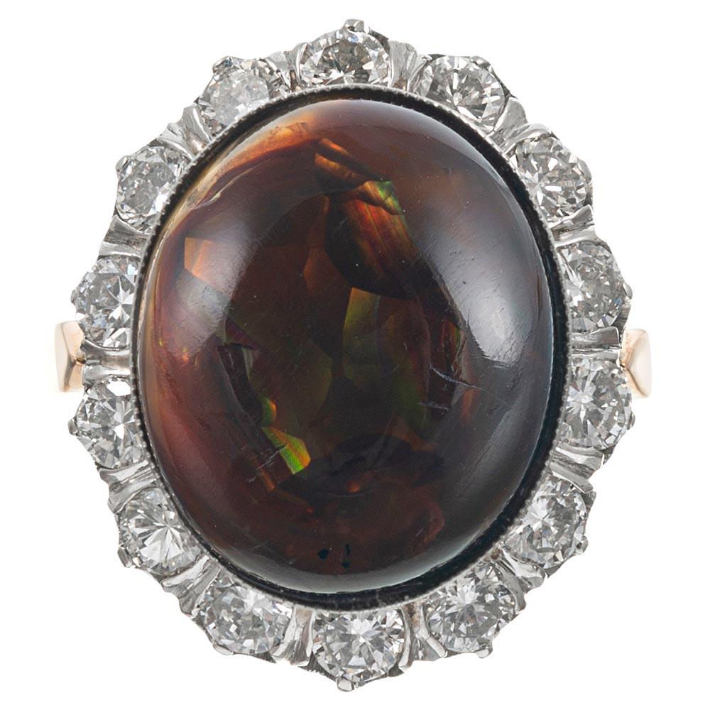 Fire Agate Cabochon and Diamond Cluster Ring