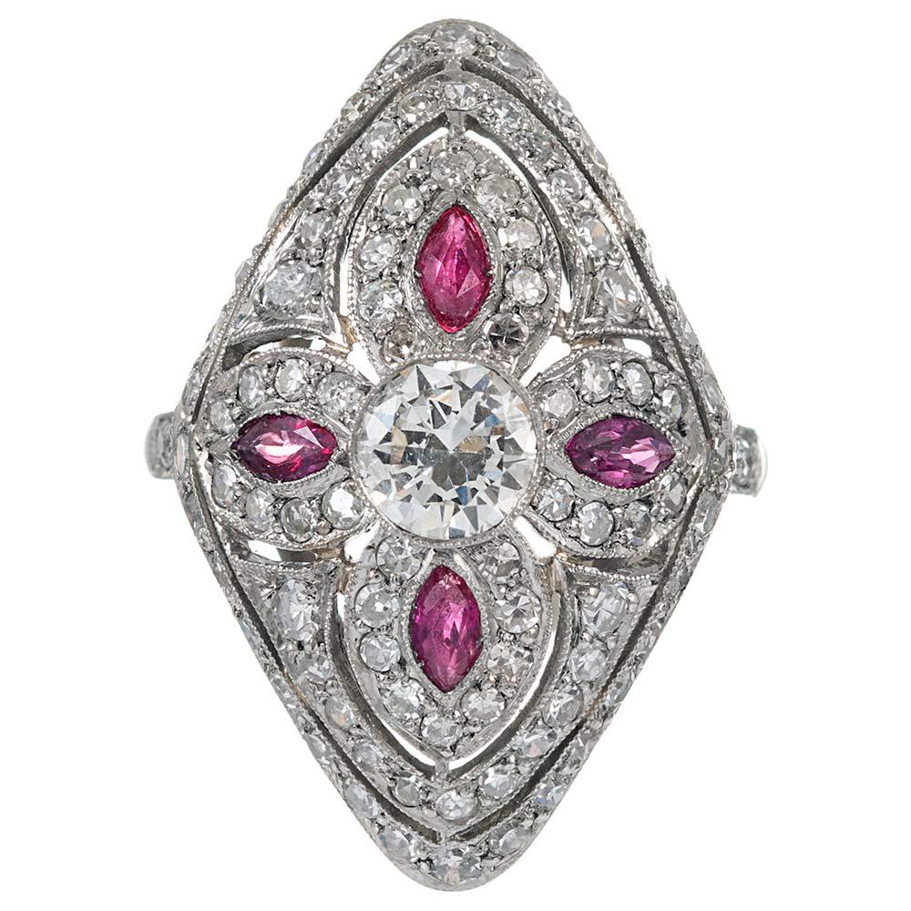 Art Deco Style “Four-Leaf Clover” Diamond and Ruby Plaque Ring