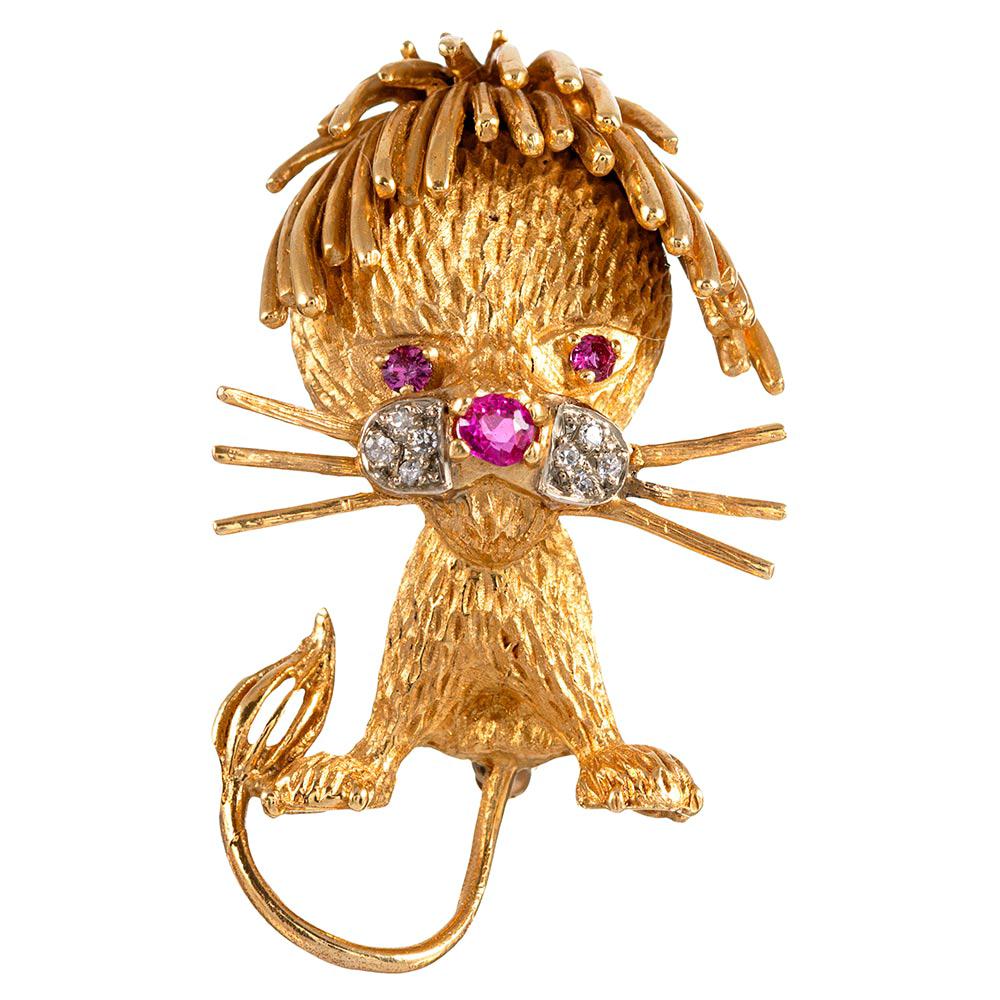 Diamond and Ruby Lion or Leo Brooch