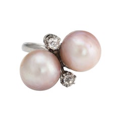 Antique Deco Cultured Pink Pearl Diamond Ring Moi et Toi Platinum Jewelry