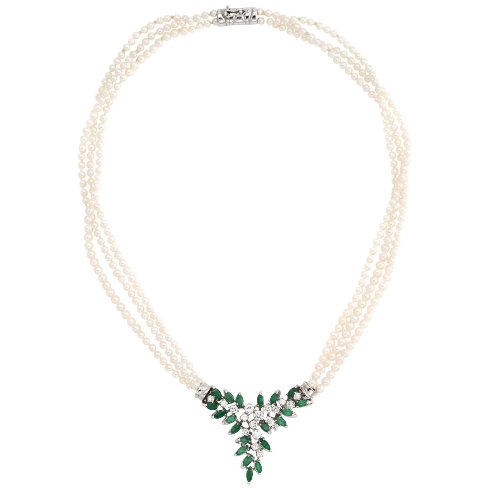 Vintage Emerald Diamond Cultured Pearl Necklace 18 Karat Gold 3-Strand Estate