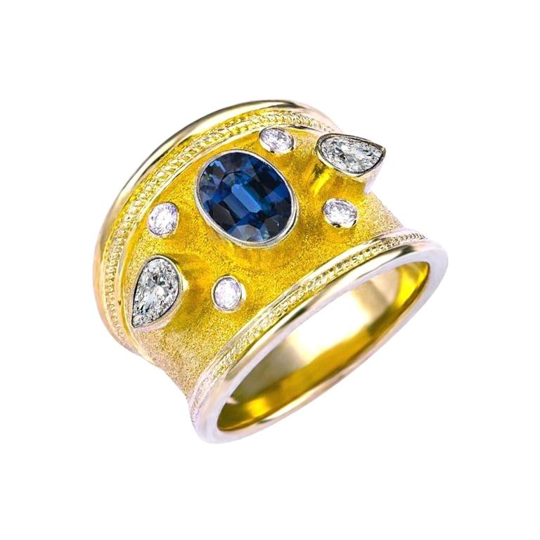 Georgios Collections 18 Karat Yellow Gold Blue Sapphire and Pear Diamond Ring