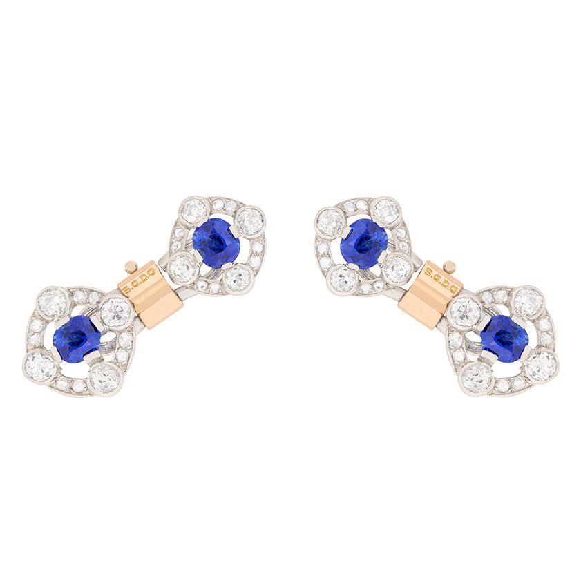 Art Deco Sapphire and Diamond Two-Tone Cufflinks, circa 1920s