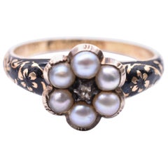 Bague commémorative ancienne Forget-Me-Not en émail, perles en grappe, diamants et or