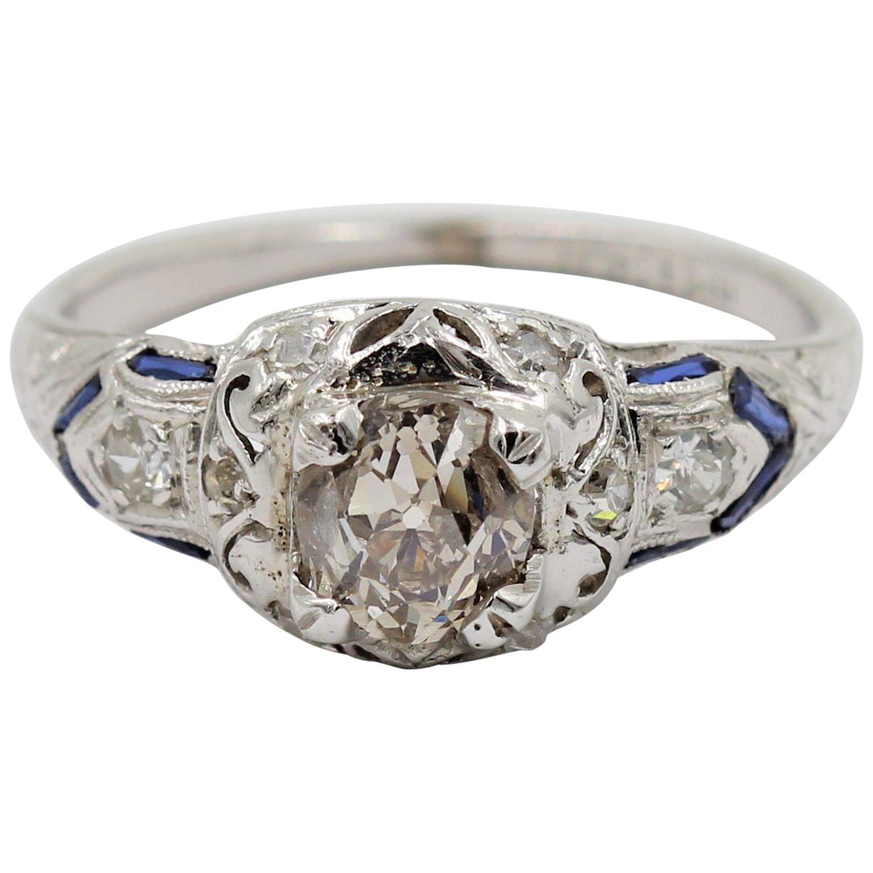 .85 Carat J/I3 Old Mine Cut Diamond Ring with Diamonds and Sapphires in Platinum For Sale