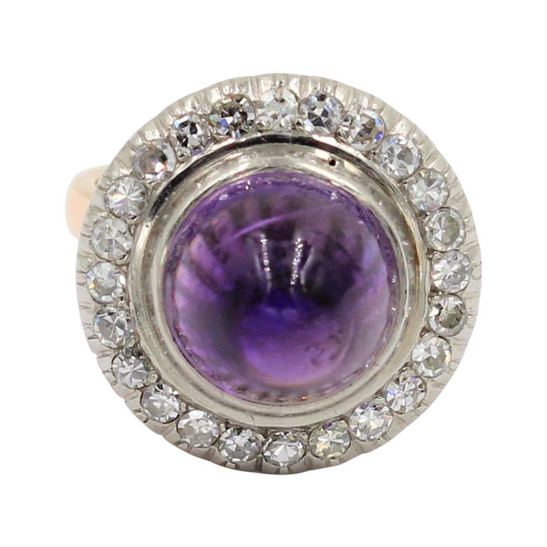 8 Carat Cabochon Amethyst Handcrafted in 14 Karat and Platinum with 1.0 Diamonds For Sale