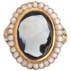 Antique Victorian Hard Stone Cameo Ring 14 Karat Gold Pearl Vintage Jewelry