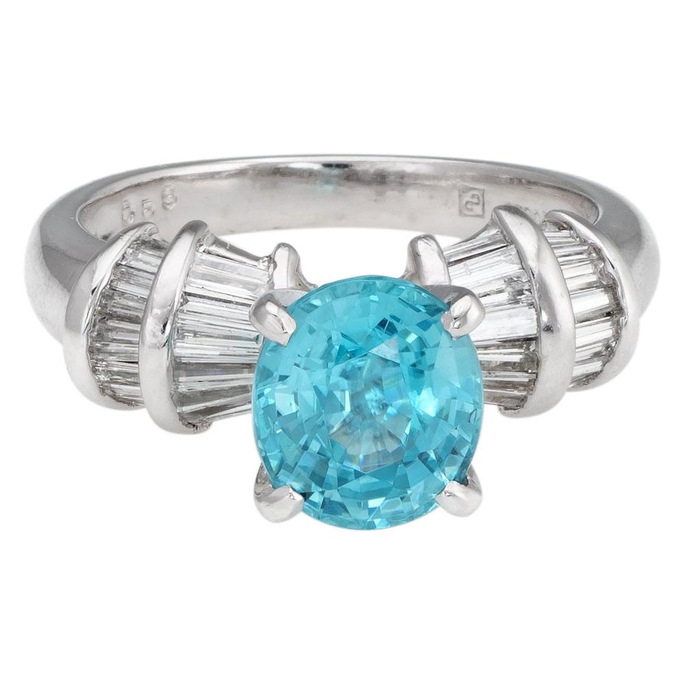 Natural Blue Zircon Diamond Ring Estate Platinum Fine Jewelry Engagement