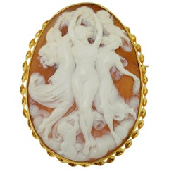 Three Graces Hand Carved Shell Cameo Yellow Gold Pin Pendant Estate Fine Jewelry