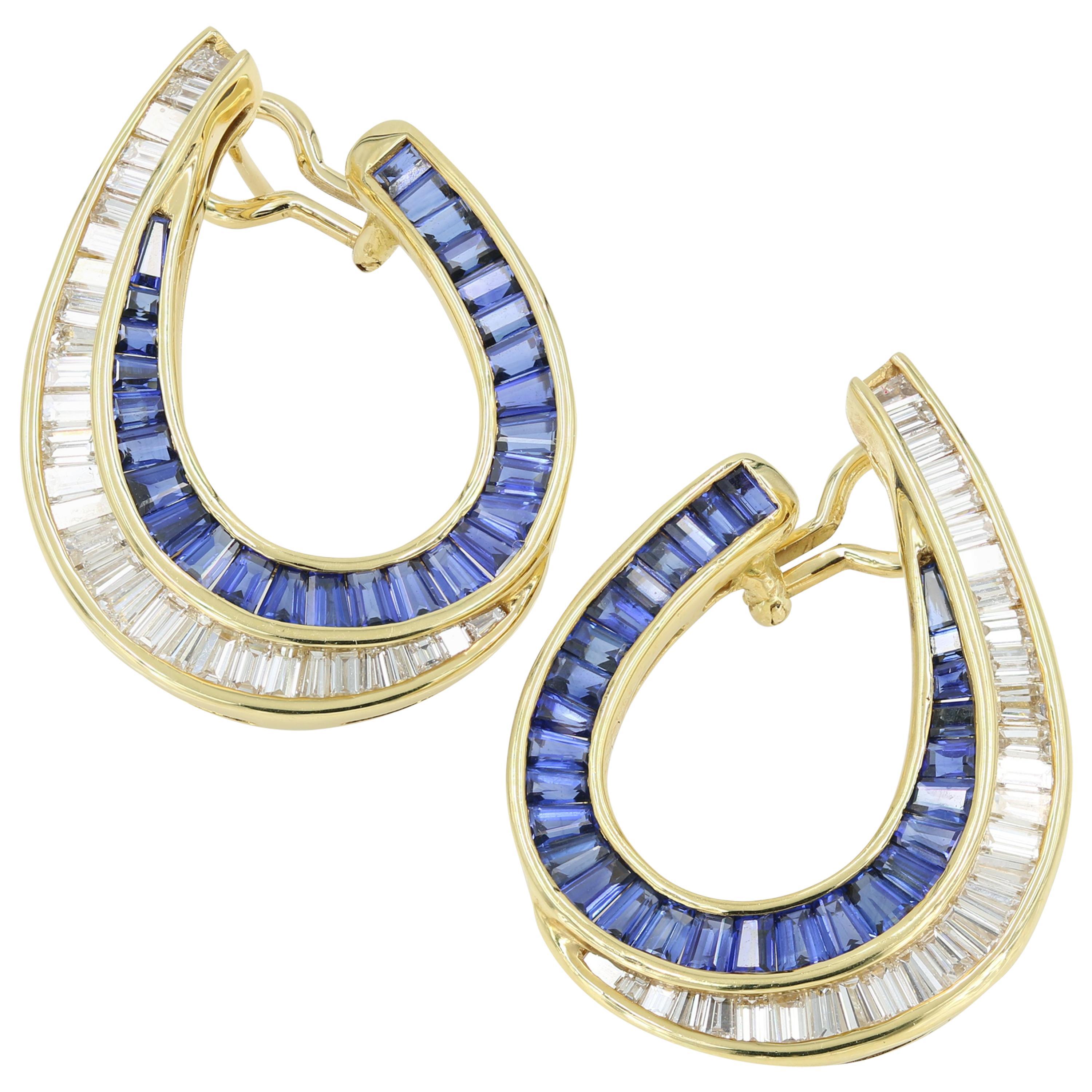 Sapphire and Diamond Baguette Earrings in 18 Karat Yellow Gold