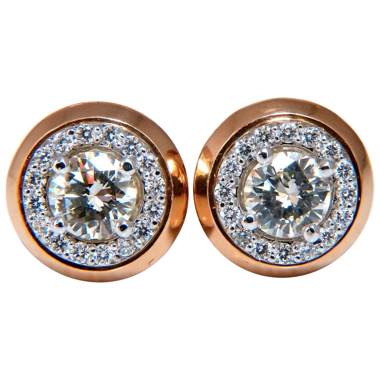1.12 Carat Natural Round Diamond Stud Earrings 14 Karat Halo For Sale