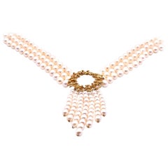 14 Karat Yellow Gold Akoya Cultured Pearl Necklace with Centerpiece Pearl Drops