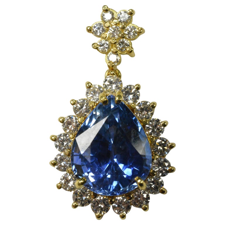 Ladies Blue Sapphire and Diamond Pendant 18k Yellow Gold Untreated 9 ...