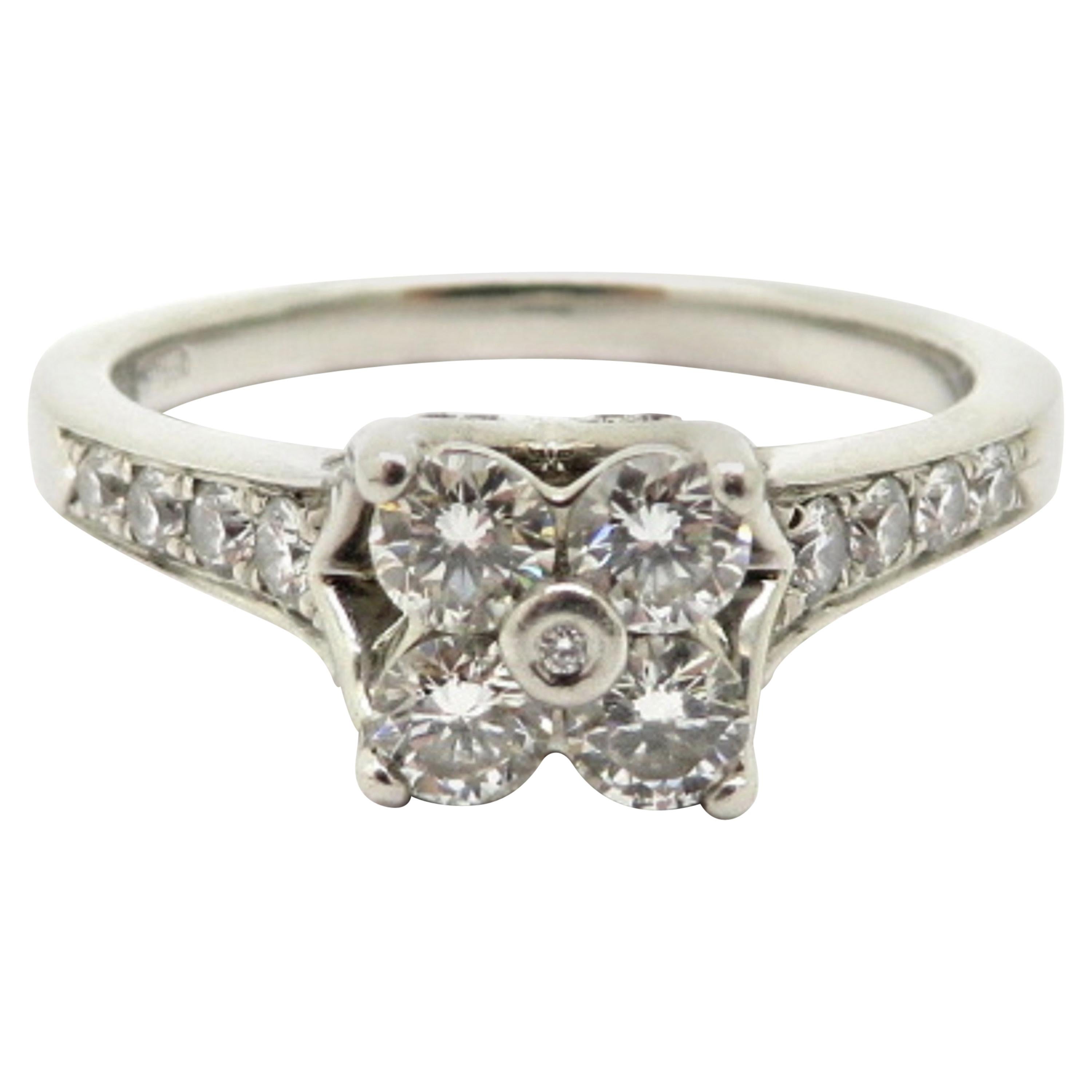 Estate Platinum Flower Round Diamond Engagement Ring For Sale