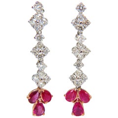 Pendants d'oreilles en or 14 carats avec diamants et rubis rouge naturel non chauffé de 5,94 carats, non chauffé