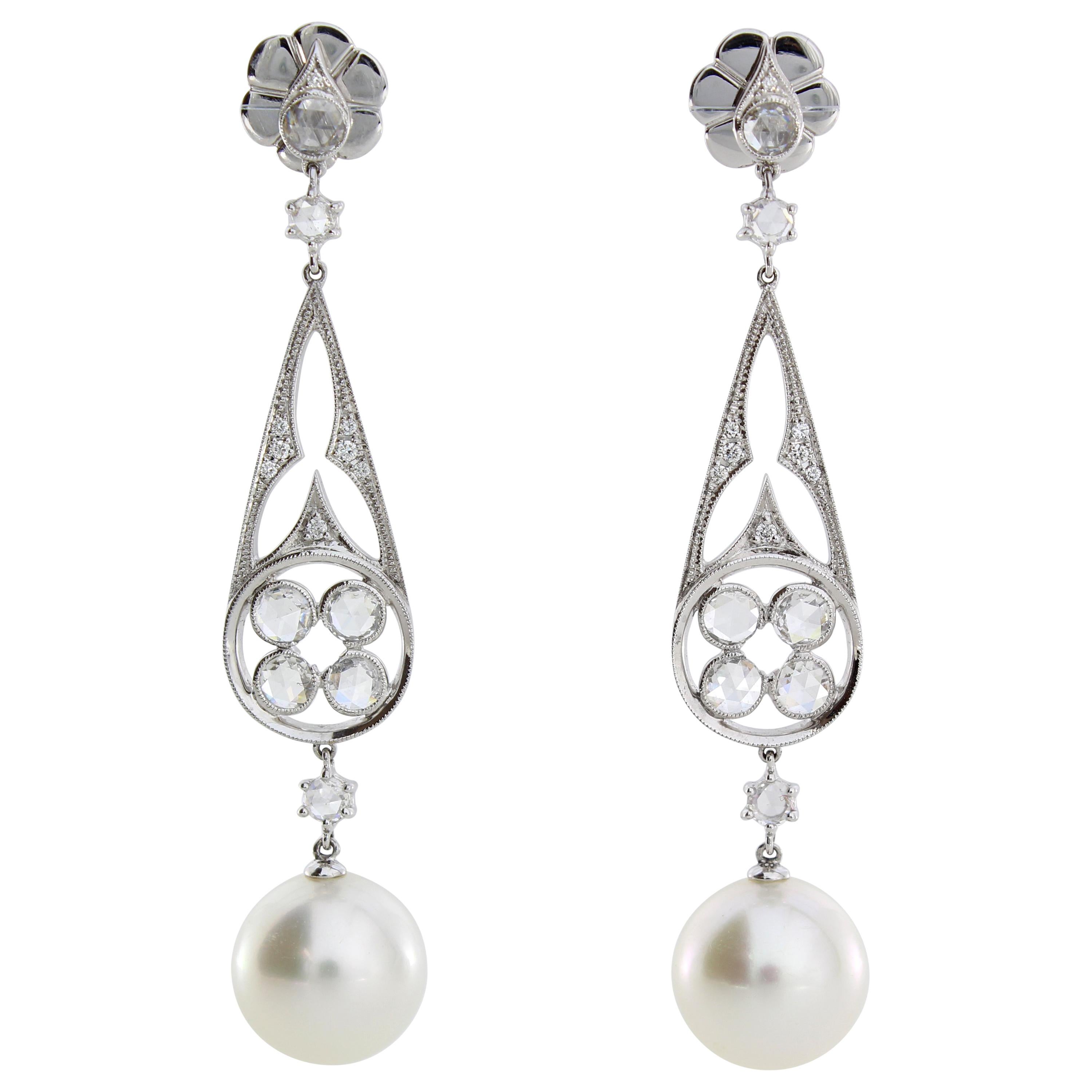 Autore 18 Karat Gold White Diamond and South Sea Pearl Earrings For Sale