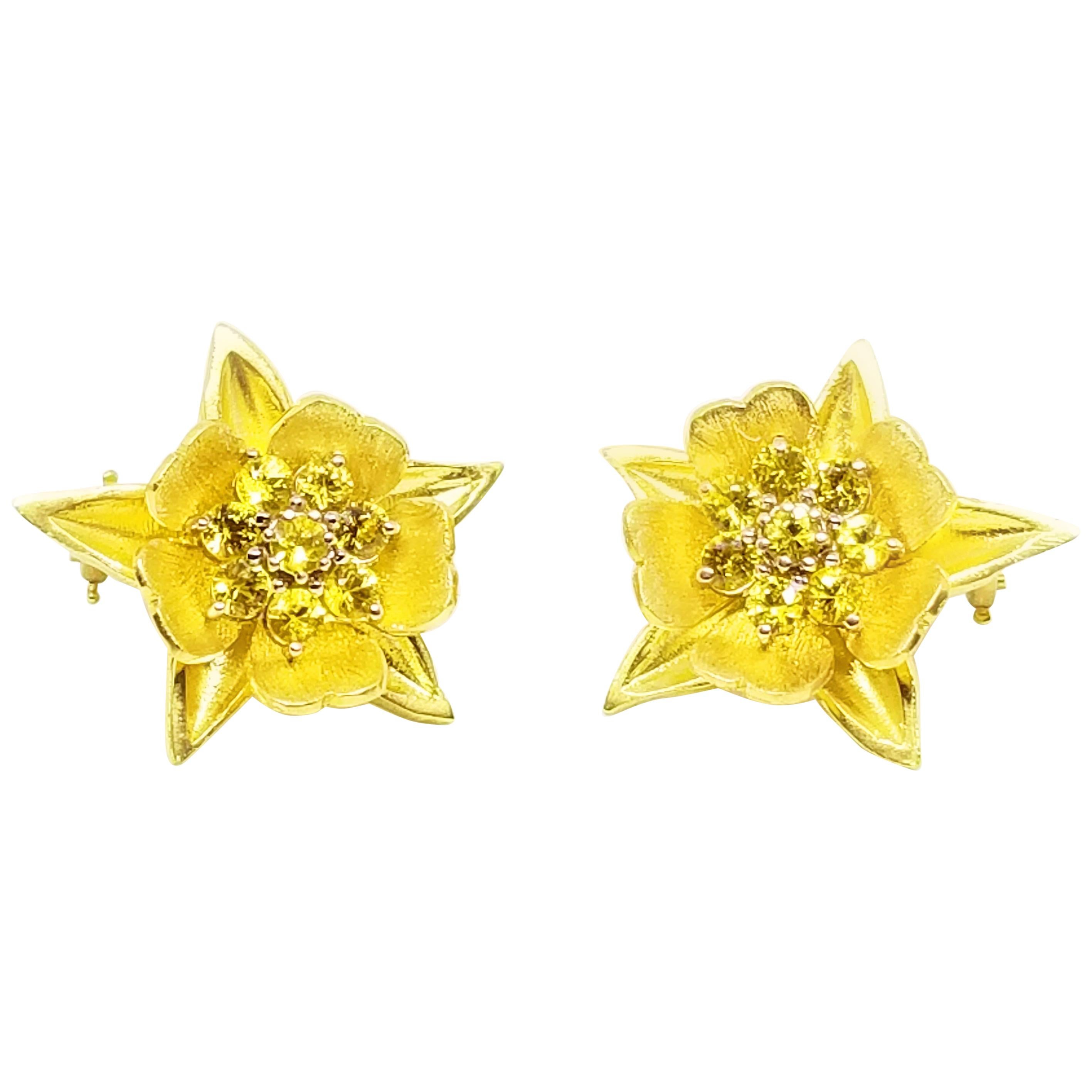 These Substantial Earrings are One of a Kind in 18K Yellow Gold featuring faceted, clusters of Round Brilliant Cut Sapphires of matched Canary Yellow Hue and Gem Quality. Each of the eight total Sapphires is prong set within a cluster at the center