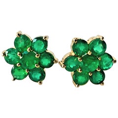 Emerald Daisy Cluster Stud Earrings 18 Karat Gold