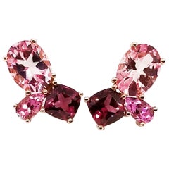 Pink Cluster Stud Earrings Pink Topaz Rose Tourmaline Rhodolite Garnet Rose Gold