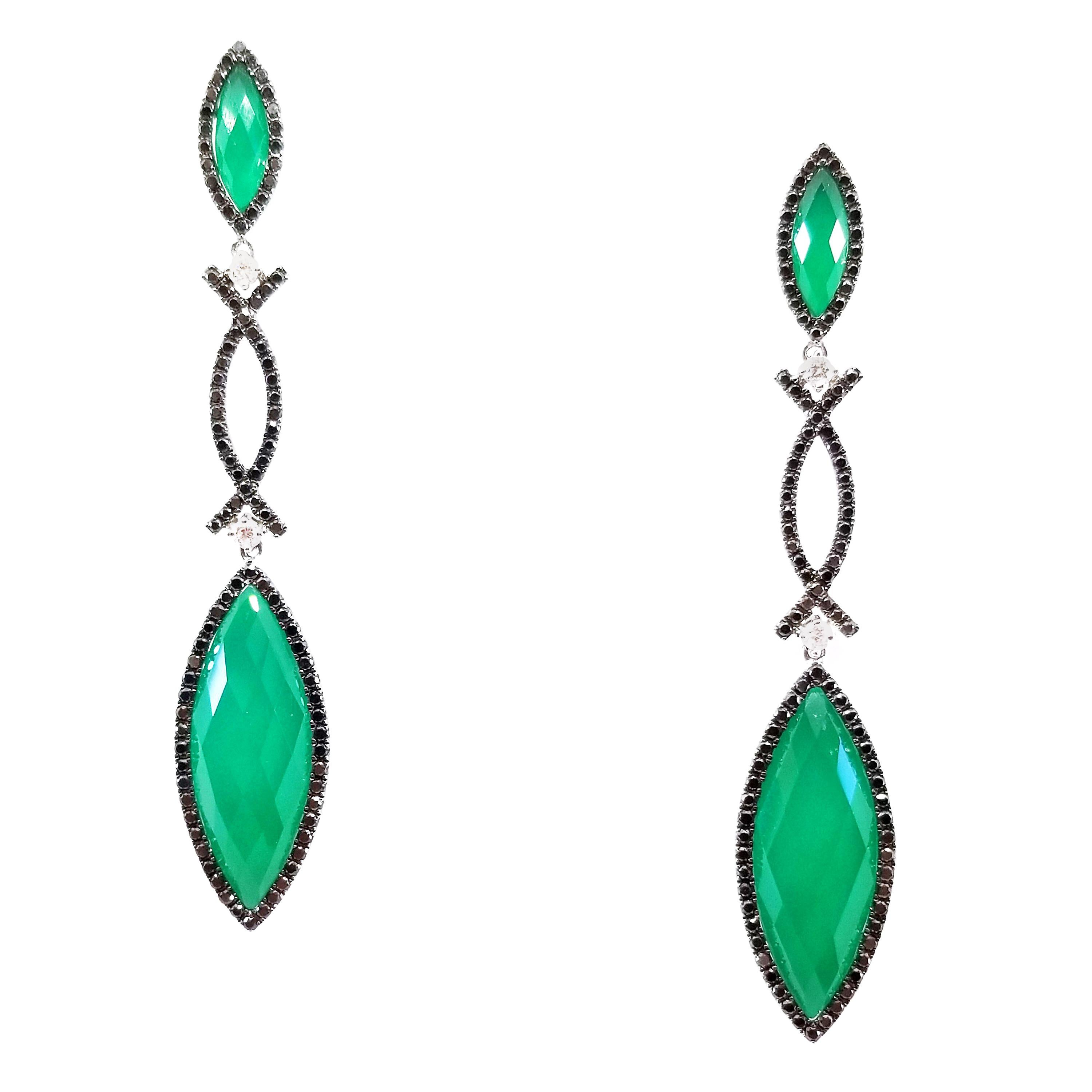 Green Agate White Topaz White and Black Diamond Drop Earrings 18 Karat White For Sale