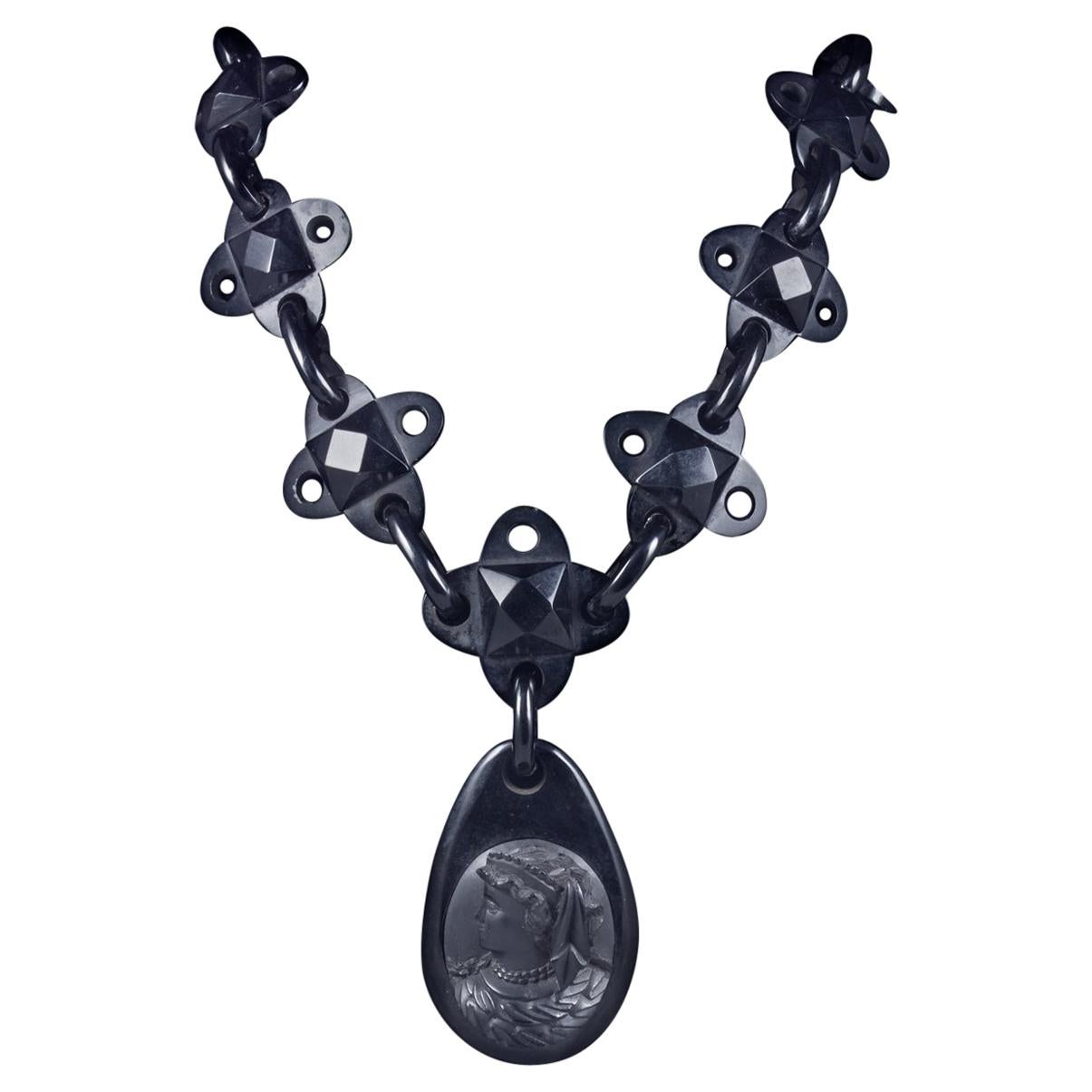 Antique Victorian Whitby Jet Cameo Pendant Necklace, circa 1860 For Sale