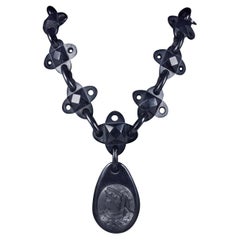 Antique Victorian Whitby Jet Cameo Pendant Necklace, circa 1860