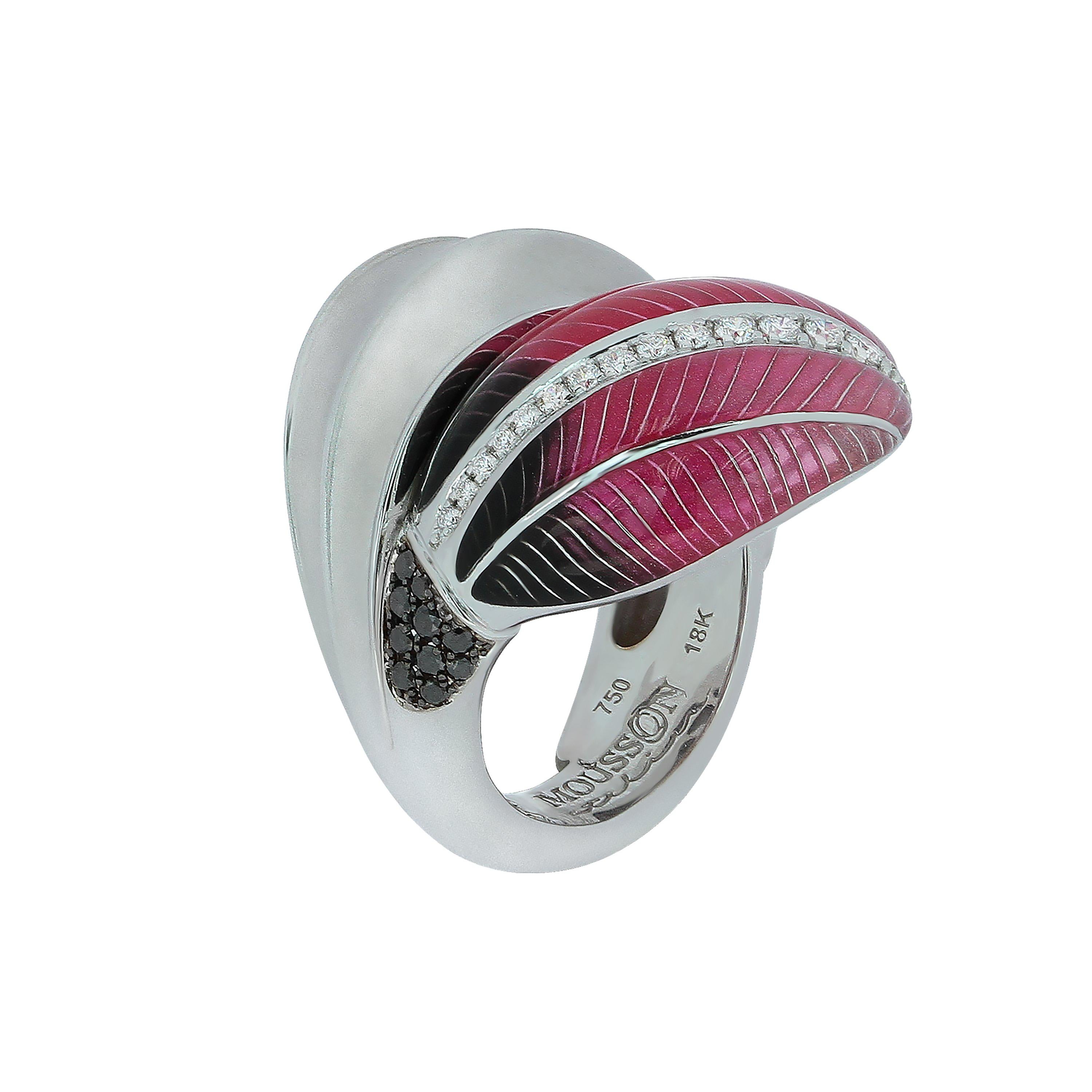 Black and White Diamonds Colored Enamel 18 Karat White Gold Tulip Ring For Sale