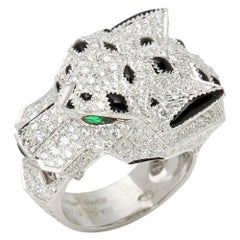Cartier 18 Karat White Gold Diamond Emerald & Onyx Panthère Ring