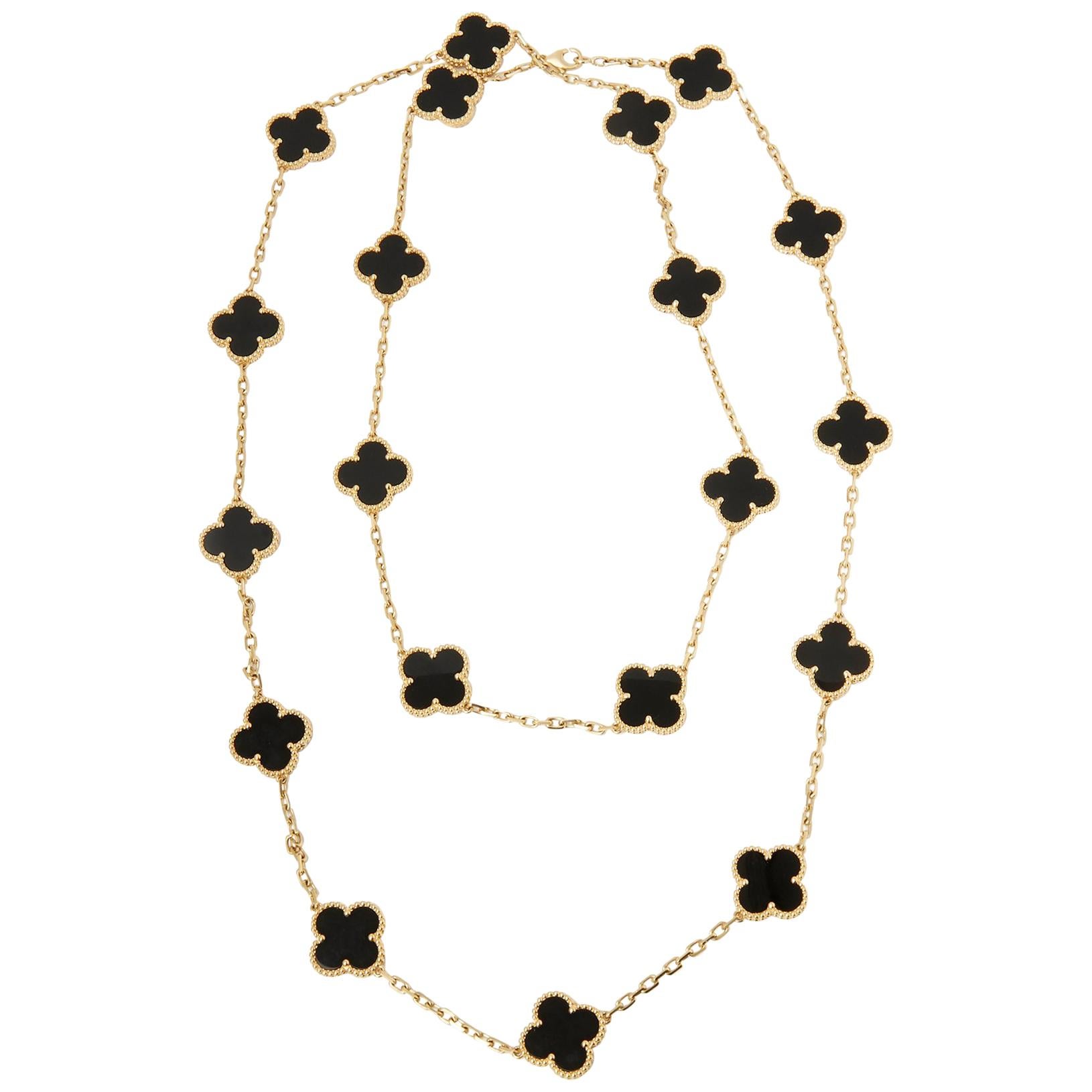 Van Cleef & Arpels 18 Karat Yellow Gold Onyx 20 Motif Vintage Alhambra Necklace