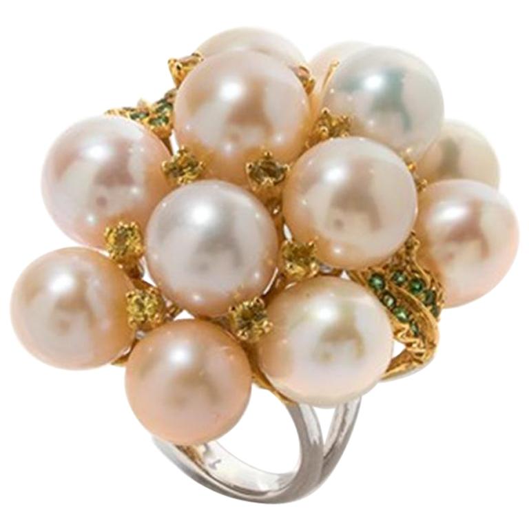 Freshwater Pearls, Sapphires and Tsavorites Ring, 750 Gold For Sale