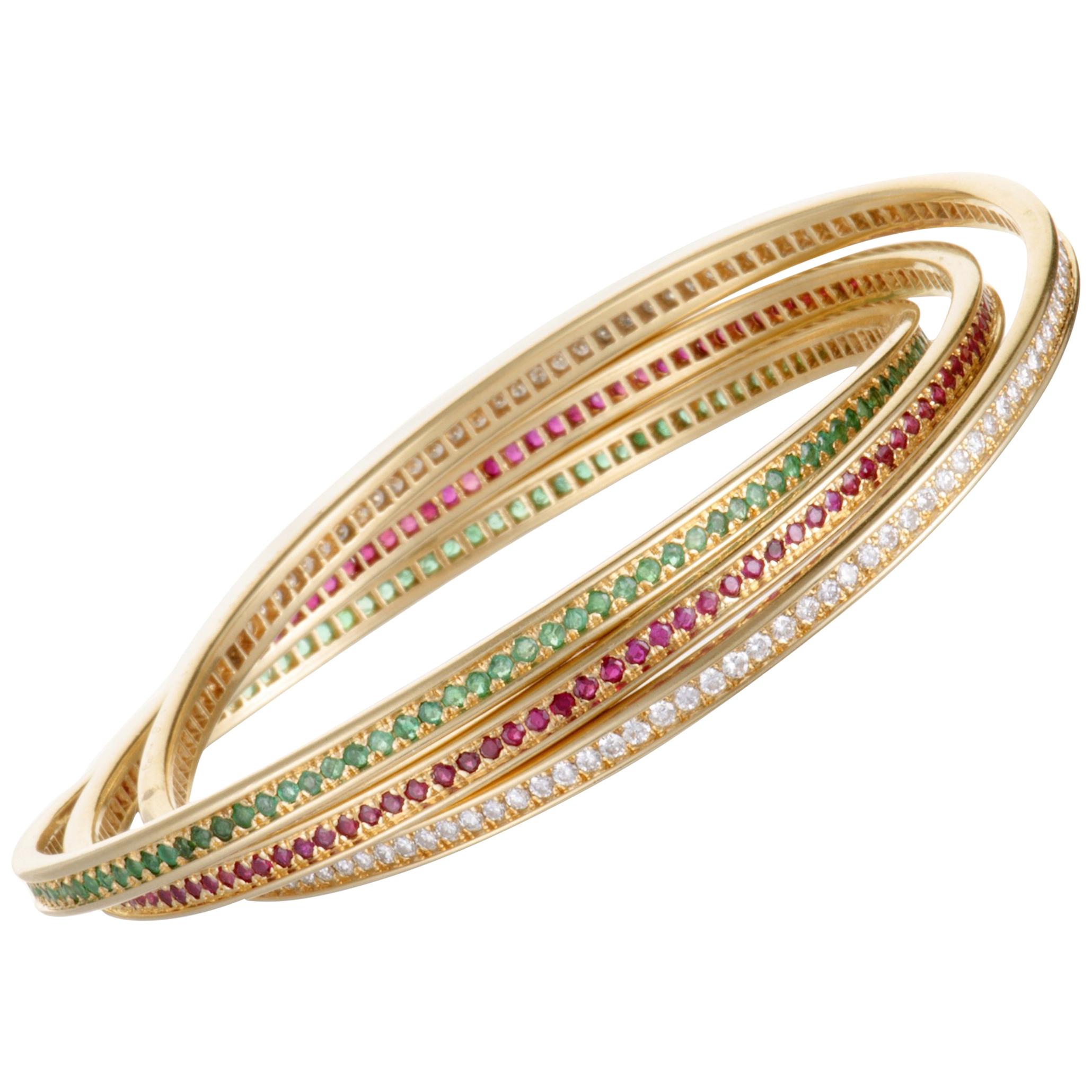 Cartier Trinity Diamond Ruby and Emerald Yellow Gold Bangle Bracelet