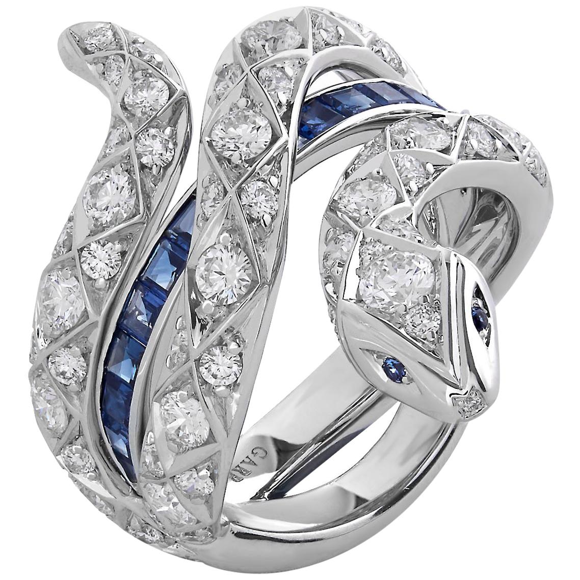 Garrard 'Muse' Signature Serpent 18 Karat White Gold Sapphire and Diamond Ring For Sale