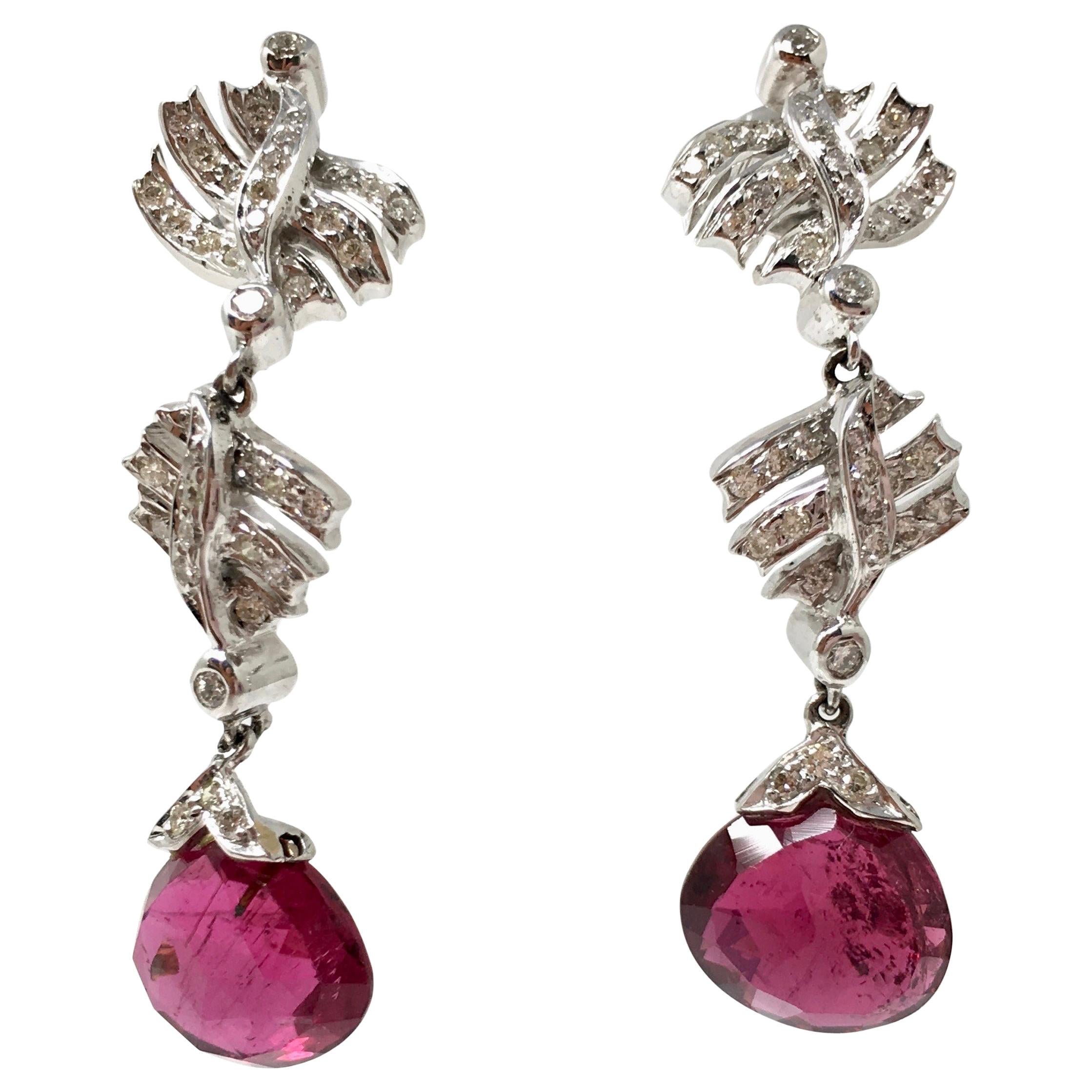 White Round Brilliant Diamond and Rubelite Dangle Earrings in 18 Karat Gold