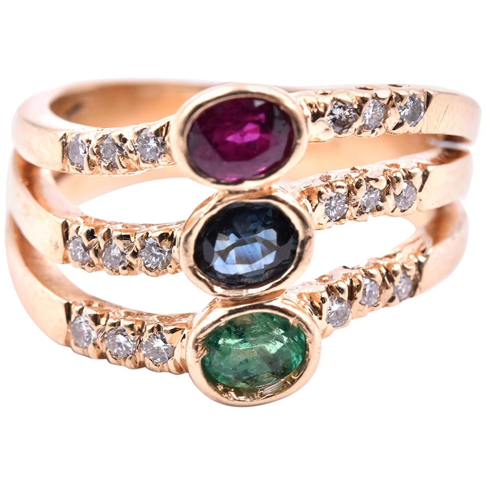 14 Karat Yellow Gold Emerald, Sapphire, Ruby and Diamond Ring For Sale