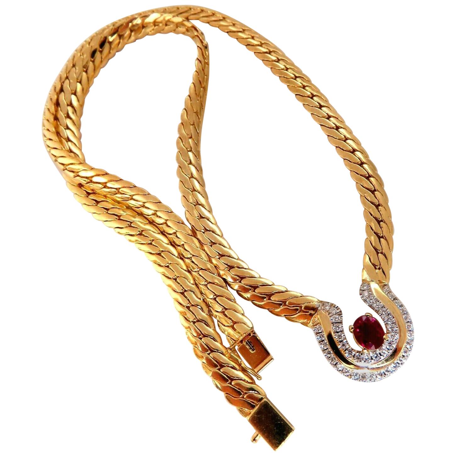1.10 Carat Natural Ruby Diamonds Horse Shoe Herringbone Necklace 14 Karat