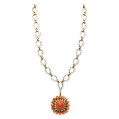 Vintage David Webb Carved Coral Brooch Pendant Long Necklace