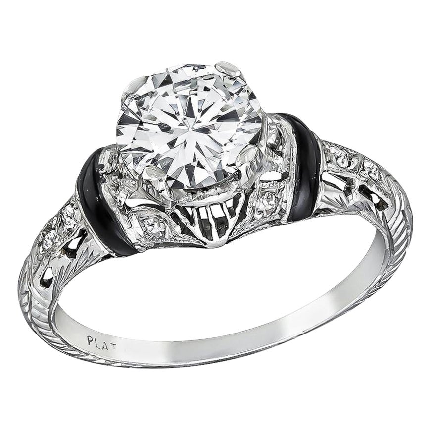 Art Deco 1.10 Carat Diamond Onyx Platinum Engagement Ring