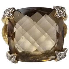 14 Karat Yellow Gold "Checker Board" Cut Smokey Topaz and Diamond Ring