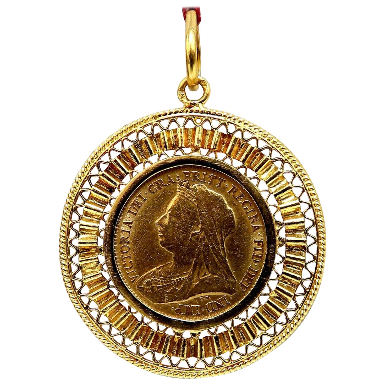 1898 Regina Britt Gold Coin Antique Pendant For Sale