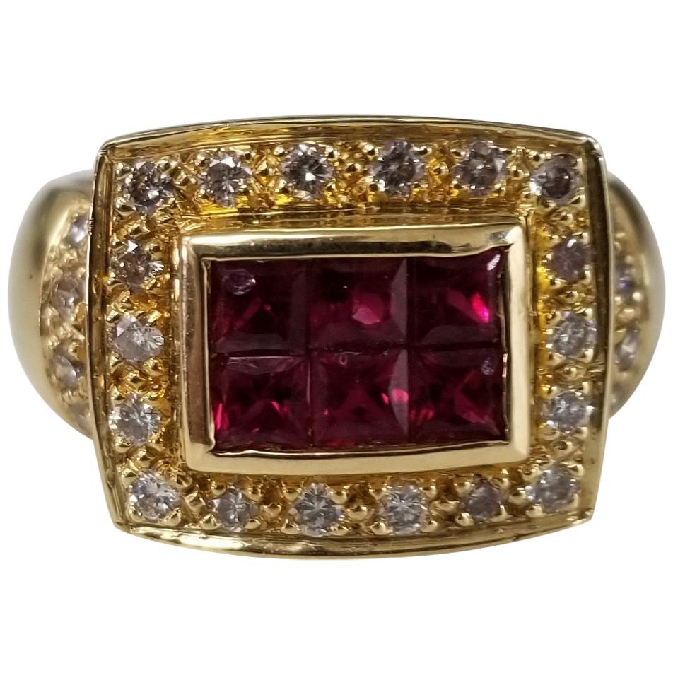 14 Karat Yellow Gold Ruby and Diamond Ring Princess Cut Invisible Set For Sale