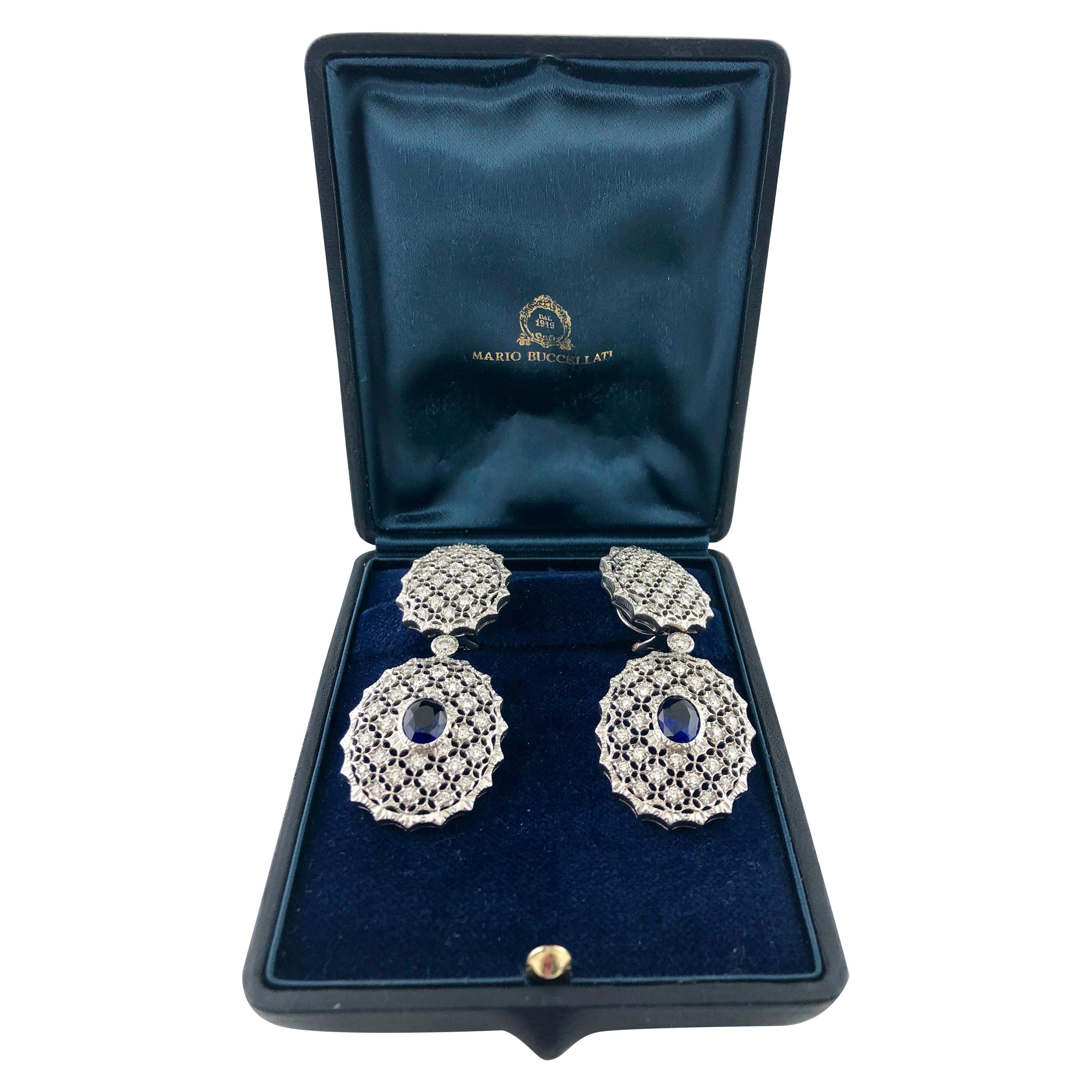 Mario Buccellati 18 Karat White Gold Diamond and Sapphire Drop Earrings For Sale