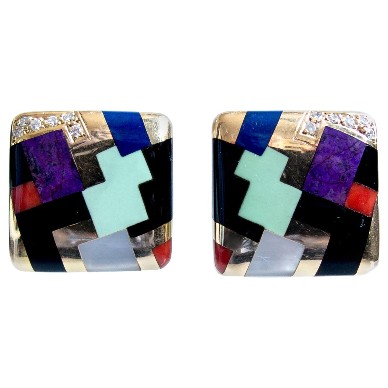 Asch Grossbardt Gold and Geometric Inlay Earclips