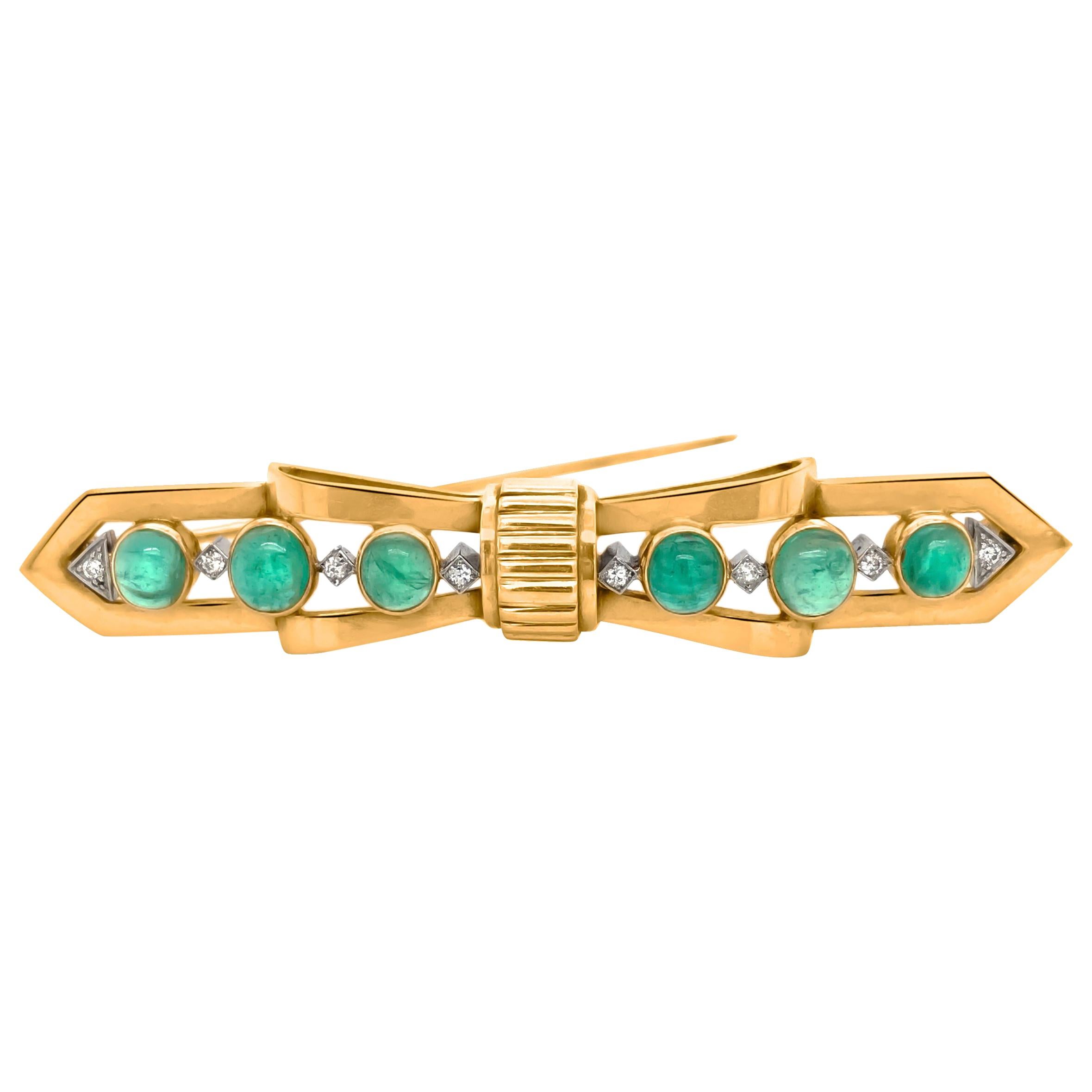 Tiffany 14 Karat Gold, Cabochon Emerald and Diamond Bar Brooch