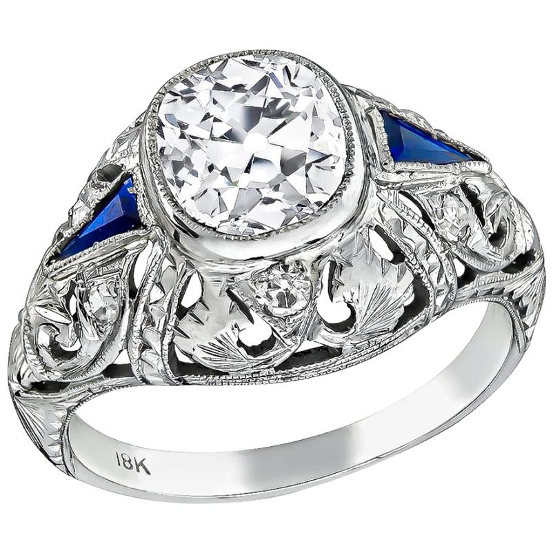 Art Deco GIA 1.13 Carat Diamond Sapphire Engagement Ring For Sale