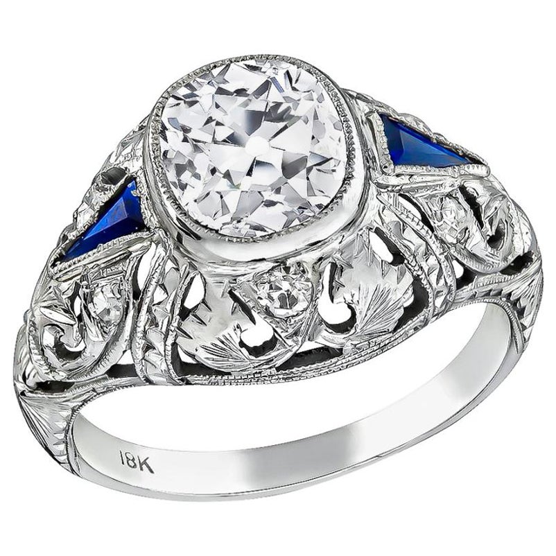 Art Deco GIA 1.13 Carat Diamond Sapphire Engagement Ring