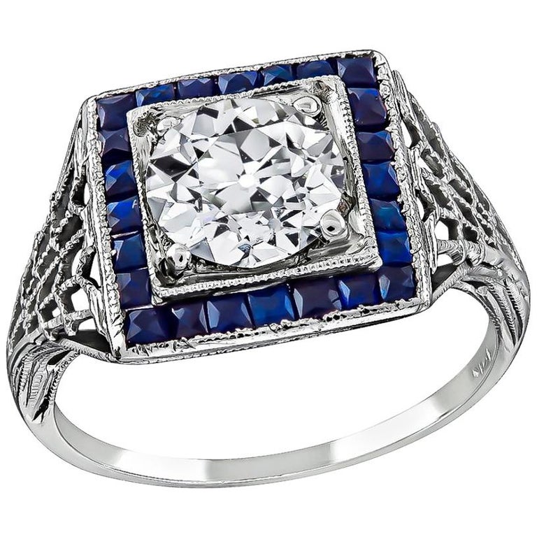 Art Deco 1 Carat Old European Diamond Sapphire Engagement Ring For Sale